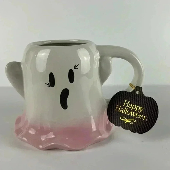 HALLOWEEN GHOST TEA POT MUG WITH PINK RUFFLE BOTTOM VERY CUTE 18 FL OZ BOOOO NWT - Picture 1 of 9